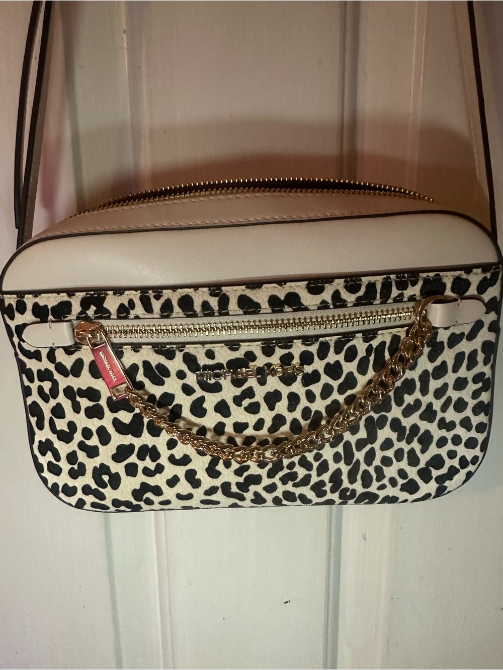 Michael Kors Jet Set Zip Chain Leopard calf hair leather crossbody